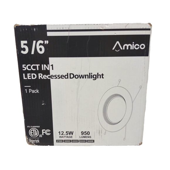Amico 1 Pack 5/6 Inch LED Recessed Downlight White Smooth Trim 950 Lums Dimmable - Picture 1 of 6